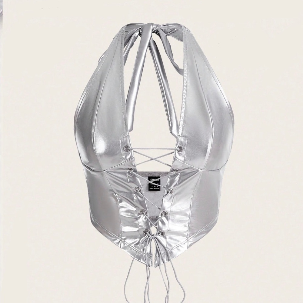 Silver Latex Lace Up Corset Halter Top